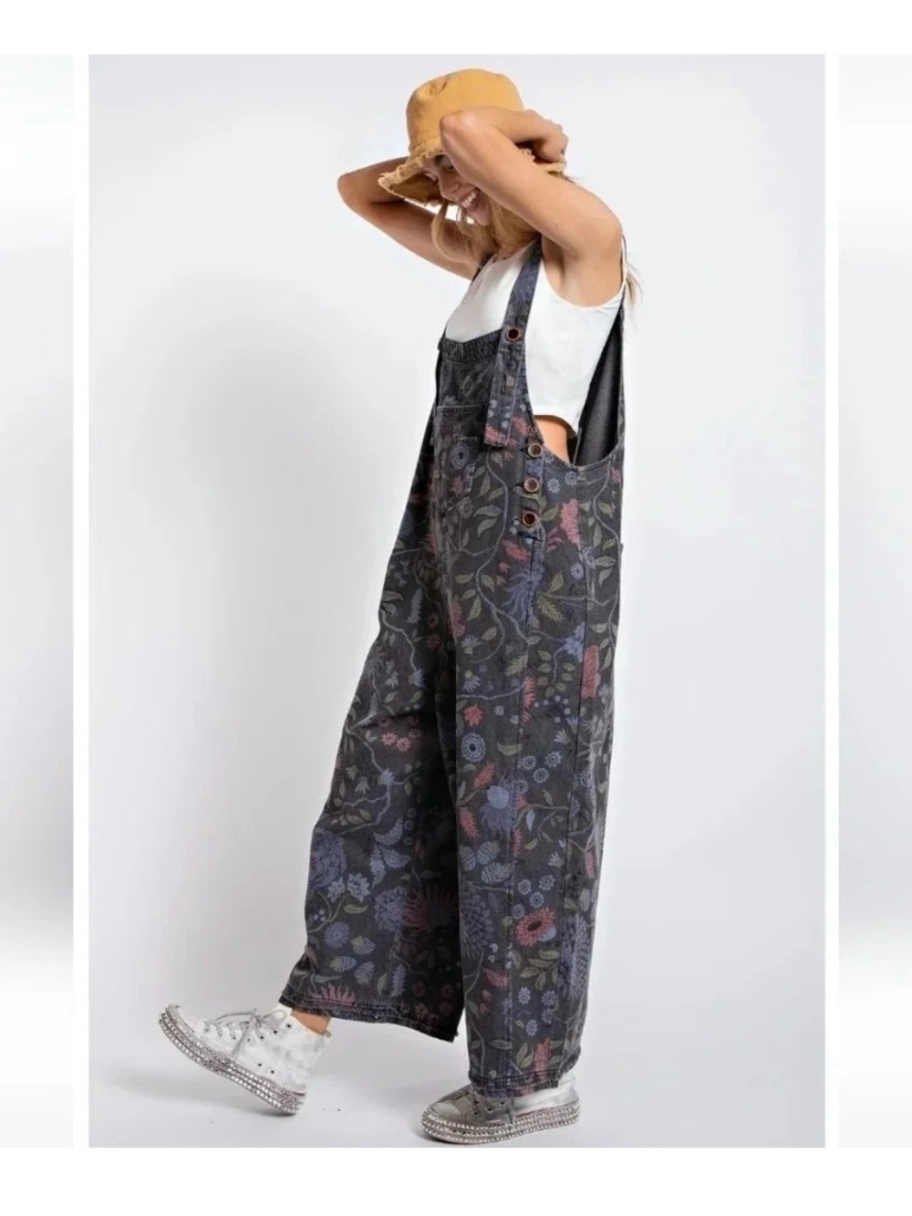 Easel Floral Wide-Leg Denim Overalls
